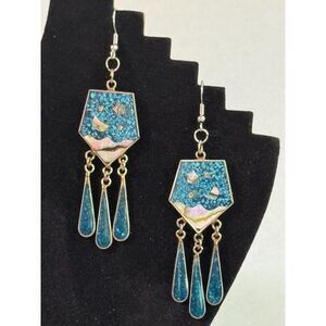 Vintage Mexican Inlaid Dangle Silver Earrings